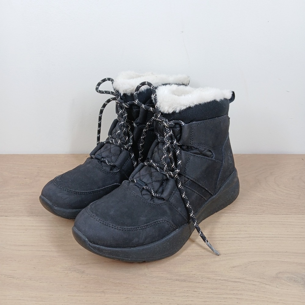 Timberland Kinsley Winter Boots Womens 8 Black Nubuck Faux Fur Waterproof LaceUp